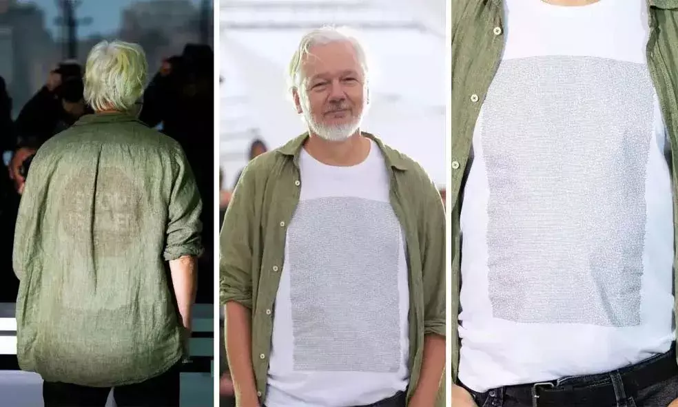 ടീഷര്ട്ടില് ഗാസയില് പൊലിഞ്ഞ 4986 കുഞ്ഞുങ്ങളുടെ പേരുകള്; കാനില് അസാന്ജെ ടീഷര്ട്ടില് ഗാസയില് പൊലിഞ്ഞ 4986 കുഞ്ഞുങ്ങളുടെ പേരുകള്; കാനില് അസാന്ജെ