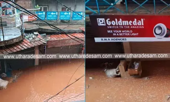 സര്‍വീസ് റോഡില്‍ നിന്നും വെള്ളം കുത്തിയൊലിക്കുന്നു; പൊസോട്ട് 15 വീടുകളും ഹൊസങ്കടിയില്‍ 8 കടകളും വെള്ളത്തില്‍