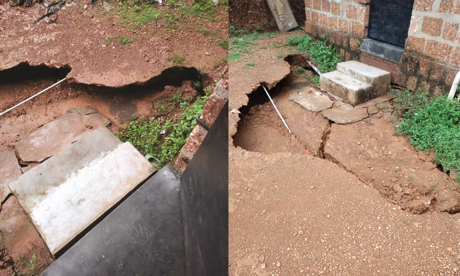 വീട്ടുമുറ്റത്ത് മണ്ണിടിച്ചിലും ഗര്ത്തവും; പെര്ളയിലെ കുടുംബം ഭീതിയില് വീട്ടുമുറ്റത്ത് മണ്ണിടിച്ചിലും ഗര്ത്തവും; പെര്ളയിലെ കുടുംബം ഭീതിയില്