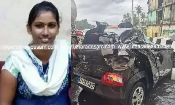 മറിഞ്ഞ കാറിന് മുകളിലേക്ക് മീന്‍ ലോറി കയറി യുവതി മരിച്ചു; ഭര്‍ത്താവിനും മകള്‍ക്കും ഗുരുതര പരിക്ക്
