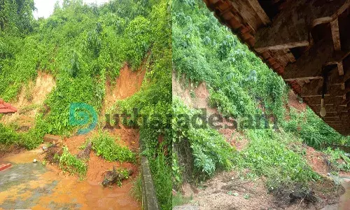 നീലേശ്വരത്ത് ക്ഷേത്രത്തിന് സമീപം കുന്നിടിഞ്ഞു; ക്ഷേത്രമതില്‍ തകര്‍ന്നു: ക്ഷേത്രമതിലകം മണ്‍കൂമ്പാരം