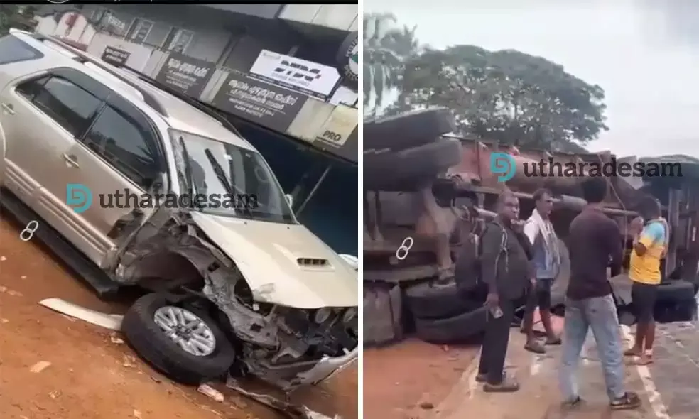 പാലക്കുന്നില്‍ ലോറിയും കാറും കൂട്ടിയിടിച്ചു; നിയന്ത്രണം വിട്ട ലോറി റോഡരികിലേക്ക് മറിഞ്ഞു